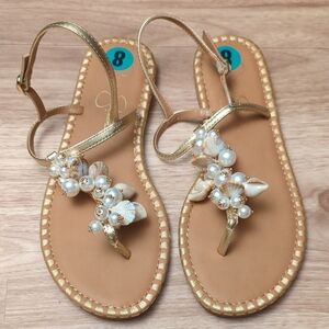 Jessica Simpson Gold Sandals with Pearl and Shell Accents